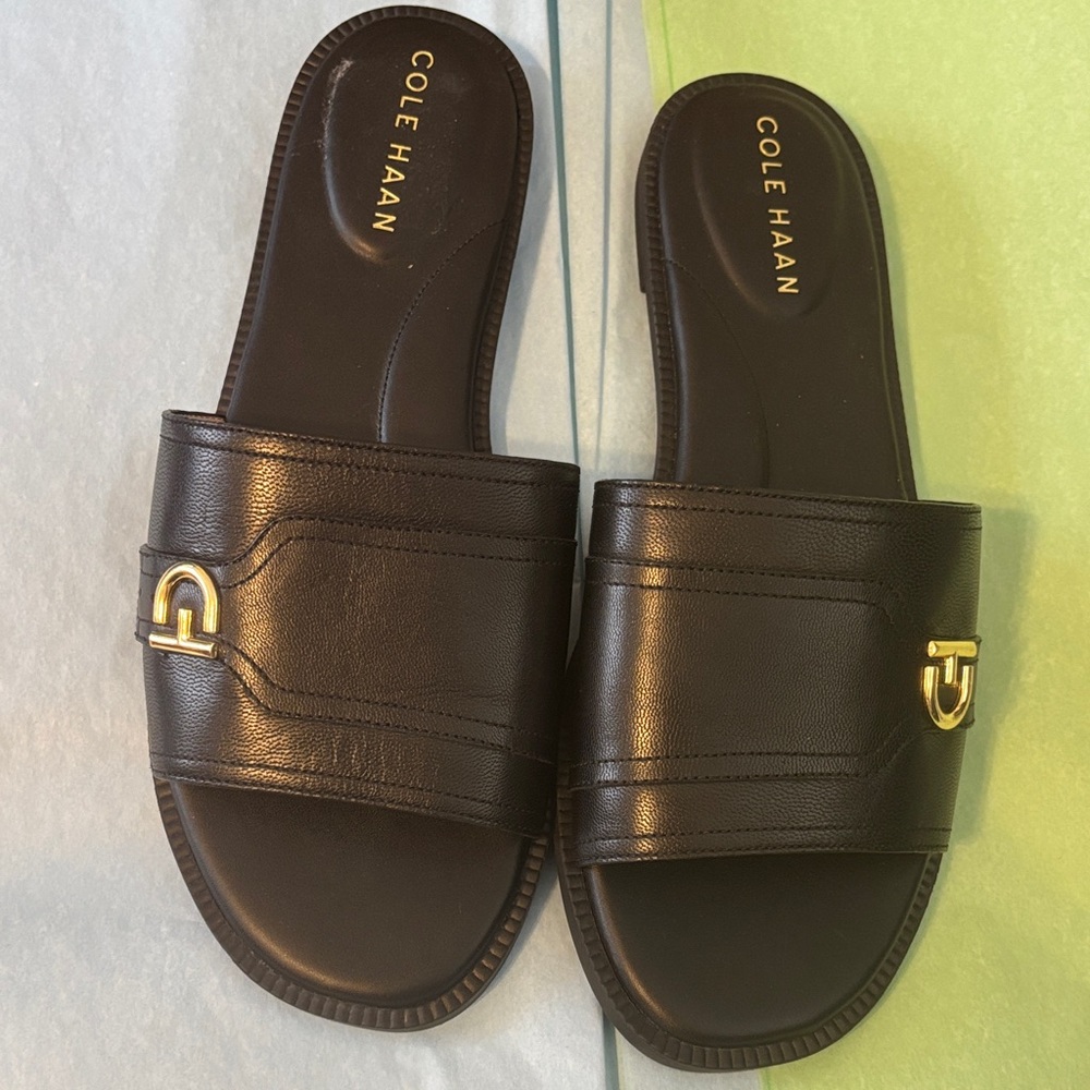 Cole Haan Black Leather Slide Loafers with Gold Detail